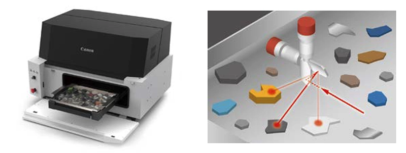 (Left) Raman Plastic Analyzer TR-A100. (Right) Canon’s high‑precision galvanometer scanner sequentially irradiates multiple plastic pieces arranged on a tray with a laser, and the material is identified by spectroscopically analyzing the material‑specific Raman scattered light generated in the process.