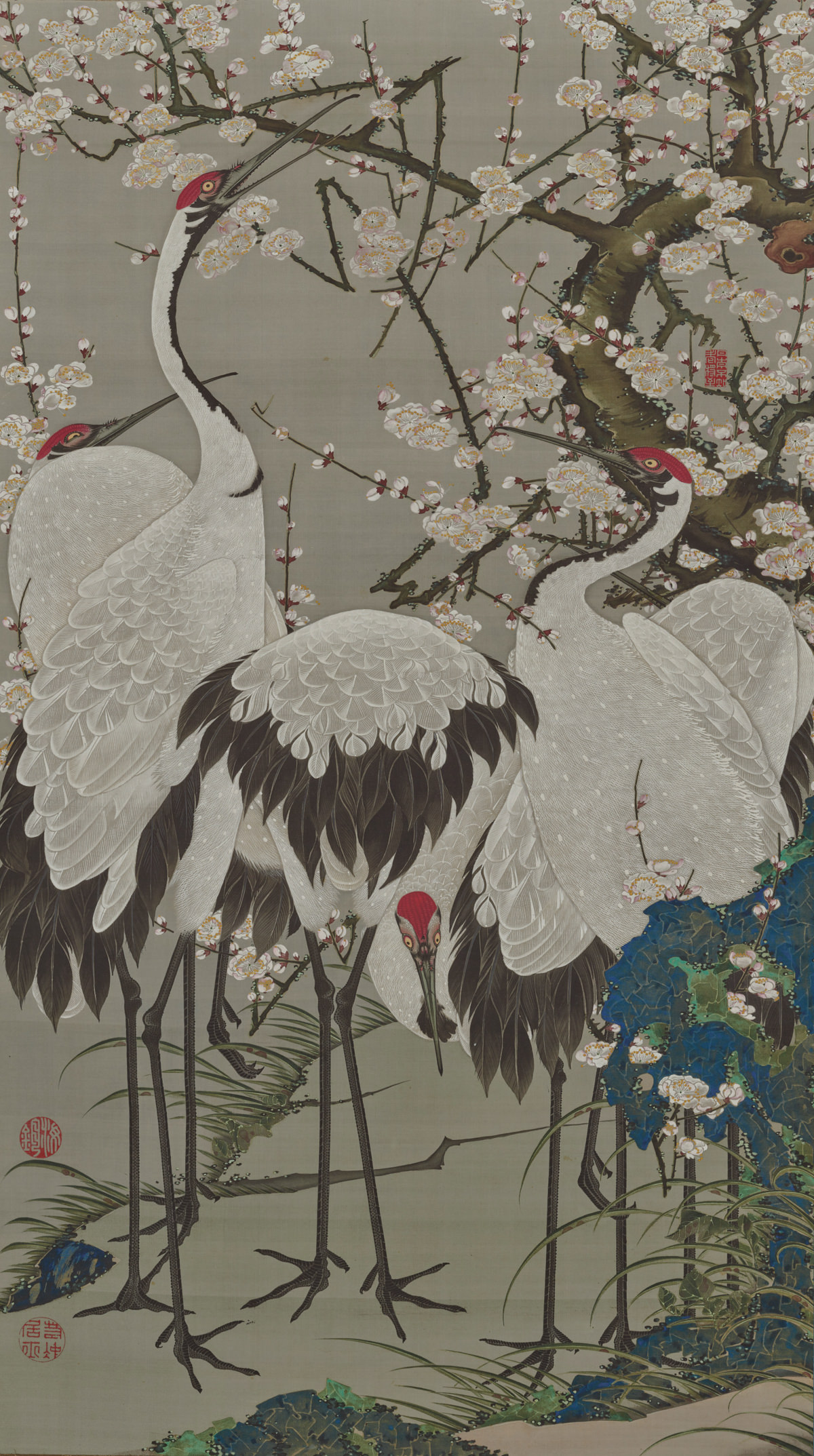 Cranes and blossoming plums
