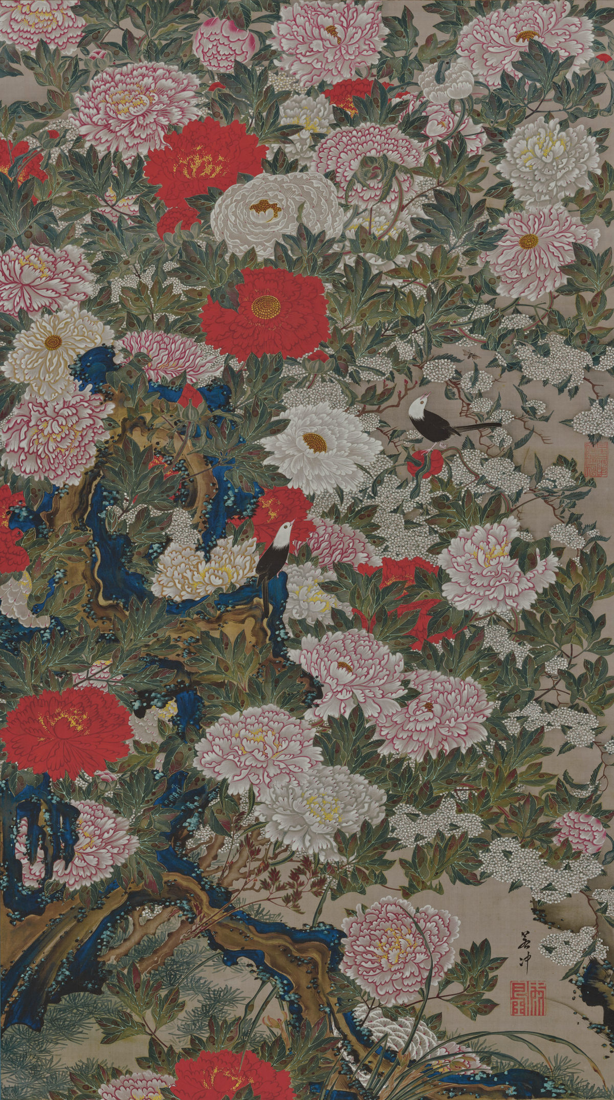 Peonies and birds