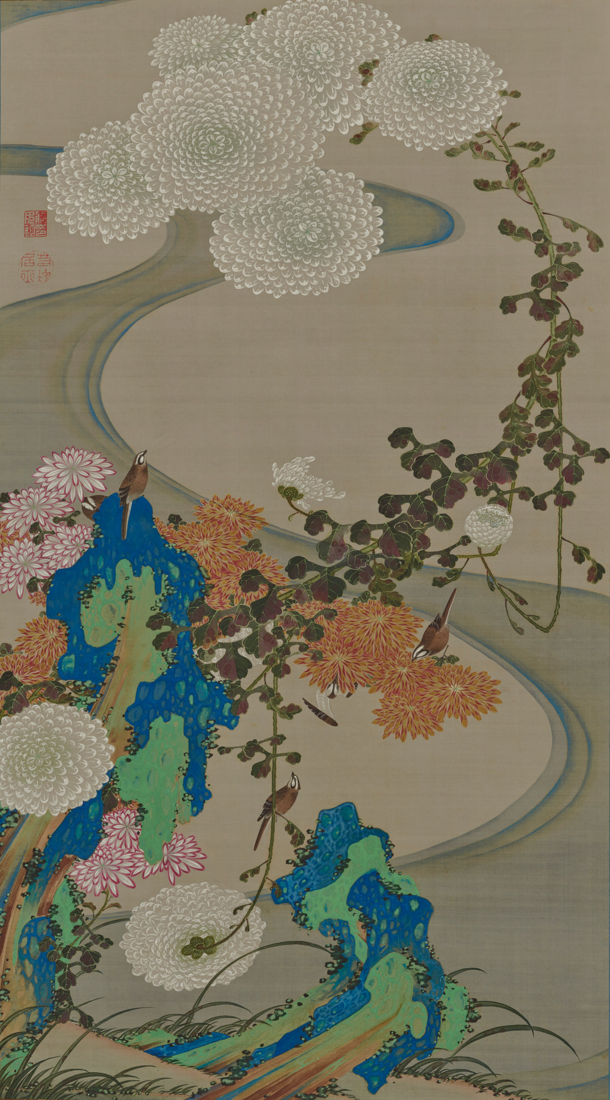 Birds and chrysanthemums by a stream