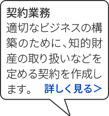 けいやくぎょうむ てきせつなビジネスのこうちくのために、ちてきざいさんの取り扱いなどをさだめるけいやくを作成します。 詳しく見る